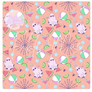 May include: A repeating pattern on a peach background featuring ghosts, cocktails, beach balls, watermelon slices, lime wedges, ice cubes, and spiderwebs. The text "Instant download!" is visible in the image.