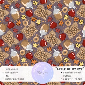May include: Seamless digital pattern featuring cider bottles, red apples, donuts, and autumn leaves on a purple background. The design includes the text "Apple of My Eye" and "Fable Mae Digital Designs".