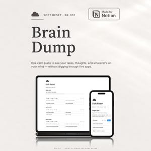 Op de afbeelding: Een digitale productiviteitssjabloon getiteld Brain Dump Soft Reset SR-001, met een wolkpictogram en een Made for Notion-badge. De lay-out toont taakbeheersecties op een tablet- en smartphonescherm, inclusief de sectie Right now.