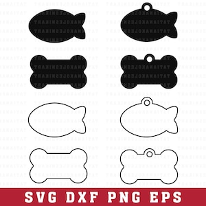 May include: Four black and white outline shapes of a fish and bone. The shapes are for creating pet tags. The shapes are on a white background.