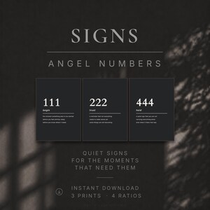 以下が含まれることがあります： SIGNS ANGEL NUMBERSというテキストと111、222、444の数字が記された3枚の暗い長方形のプリント。各プリントには数字の下に単語と短い説明文が含まれています。テキストは暗い背景に白で表示されています。