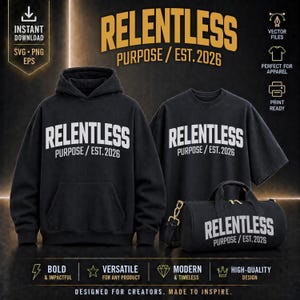 Peut inclure: Ensemble noir comprenant un sweat à capuche, un t-shirt et un sac de sport. Chaque article affiche le texte blanc "RELENTLESS PURPOSE / EST. 2026". Le design est audacieux et polyvalent, pour vêtements et impressions.