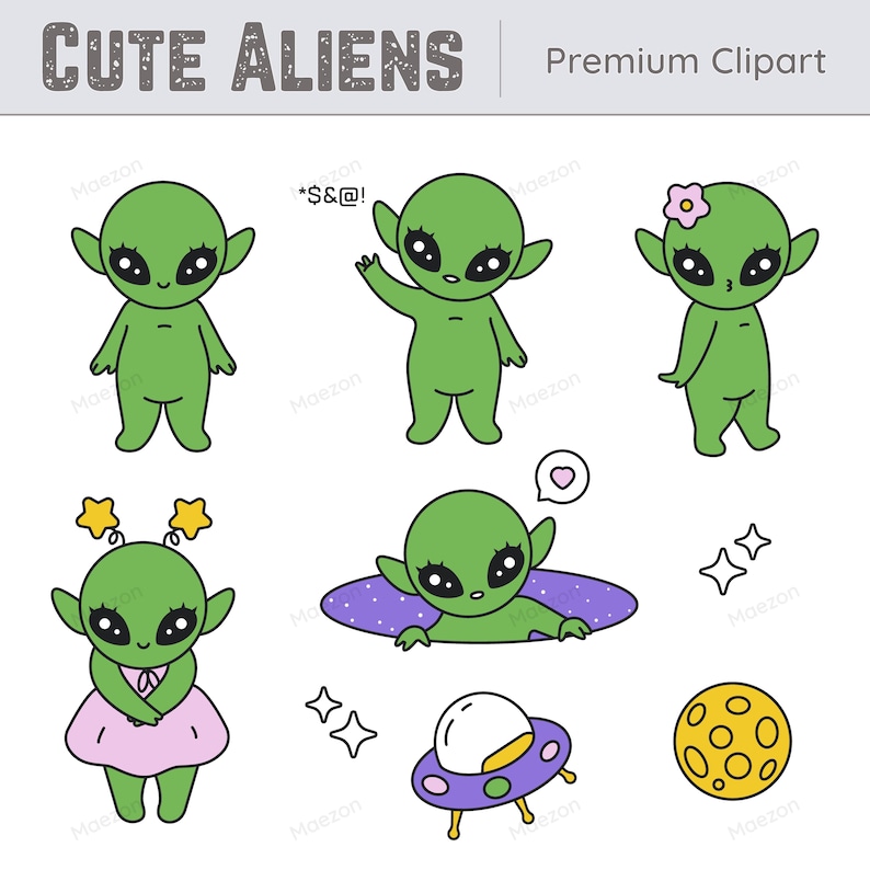 Premium Clipart Set - Alien PNG - Kawaii Baby UFO Designs - Cute Vector ...