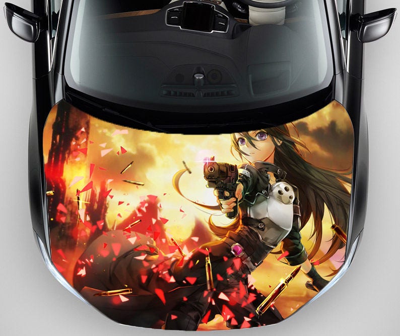 Vinyl Car Hood Anime Girl with Gun Battle Graphics