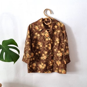 Vintage Women&#39;s Floral Brown Blouse // Retro Shirt // Buttoned Blouse // 42 L Large // 60s 70s Clothing