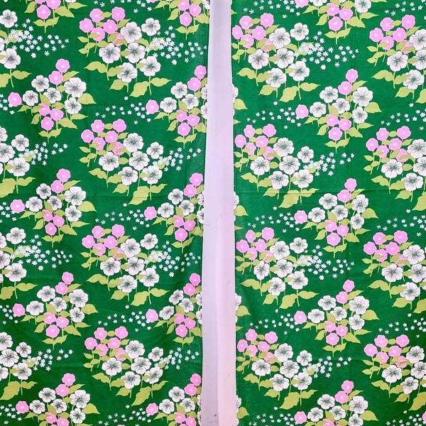 Vintage Set of 2 Green Pink White Floral Narrow Curtains // Lightweight Flower Print Panels // Scandinavian Retro Home Decor // 60s 70s Home