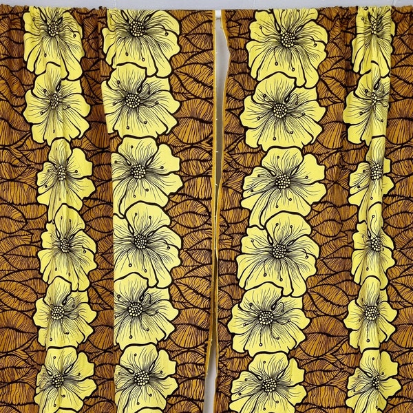 Vintage Set of 2 Brown Yellow Floral Curtains // Flower Print Panels // Scandinavian Retro Home Decor // 60s 70s Home