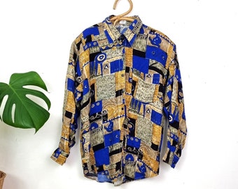 Blusa abstracta vintage para mujer // Camisa de manga larga // Camisa abotonada multicolor // Top con cuello // Ropa de los 90 // Carrie // Talla L