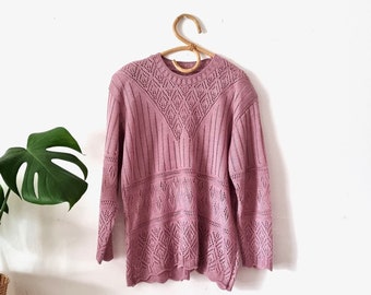 Vintage Women's Lilac Knitted Lace Sweater // Pastel Jumper // Light Purple Pullover // L Large Sweater // 80s 90s Clothing