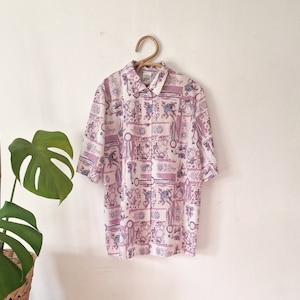 Vintage Women&#39;s Purple Floral Abstract Blouse // Short Sleeve Button Up Shirt // Retro Collared T-Shirt // L // 80s 90s FinnKarelia Clothing