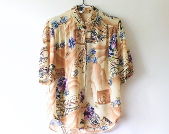 Vintage Women's Beige Abstract Floral Short Sleeve Blouse // Collared Top // Button Up Shirt // L XL // 90s Clothing