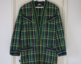 Vintage Plaid Long Oversized Blazer // Striped Checkered Green Purple Yellow Jacket // Medium Large // 80s Clothing // Made in Finland
