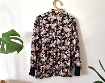 Vintage Women's Black Floral Blouse // Long Sleeve Shirt // Viscose Button Up Shirt // Collared Top // 80s 90s Clothing // L Large