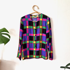 Vintage Women&#39;s Checkered Colorful Blouse // Long Sleeve Shirt // Plaid Button Up Shirt // Retro Colorblock Blouse // 90s Clothing // M