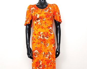 Vintage Orange Floral Maxi Dress // Short Sleeve Acetate Dress // Finnish Retro 70s Dress // Finnwear Suomen Trikoo Finland // 38 S M