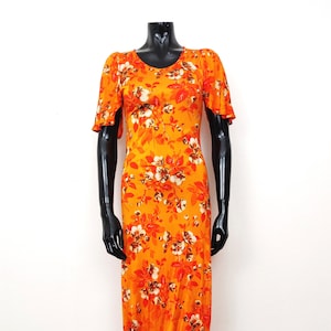 Vintage Orange Floral Maxi Dress // Short Sleeve Acetate Dress // Finnish Retro 70s Dress // Finnwear Suomen Trikoo Finland // 38 S M