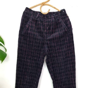Vintage Women's Black Purple Plaid Corduroy Pants // Retro Trousers // M Medium Cord Pants // 90s Clothing // W28 L28 // Made in Portugal