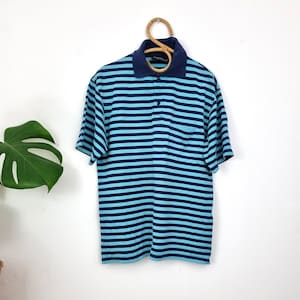 Vintage Herren Marimekko Gestreiftes T-Shirt / Blau gestreiftes Kragenshirt / S Small / Kurzärmeliges Poloshirt aus Baumwolle