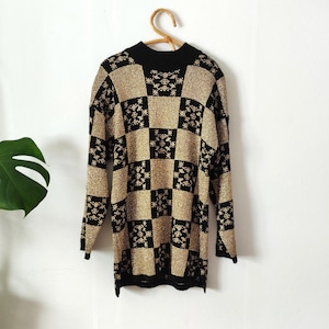 Vintage vrouwen geruite zwarte gouden trui / / metallic gouden trui / / glinsterende pullover / / medium / / jaren 90 kleding / / Sheridan Square