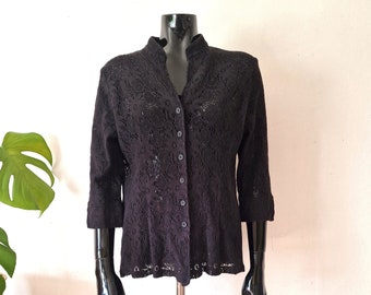 Vintage Women's Black Lace Blouse // Lace Top // 3/4 Sleeve Shirt // Buttoned Blouse // M L // 90 Finnish Clothing // Made in Finland