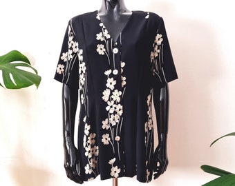 Vintage Damen Bluse in schwarz mit Blumenmuster // Kurzarm Hemd // Lange Bluse mit Knöpfen // 90s Kleidung // Large L 42 16 // Ariella London