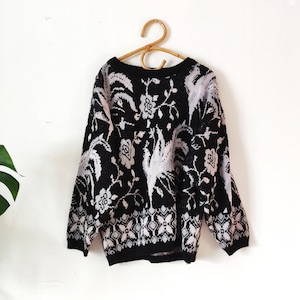 Vintage Women&#39;s Black Light Purple Blue Floral Jumper // Acrylic Sweater // Pullover // S M Sweater // 90s Clothing