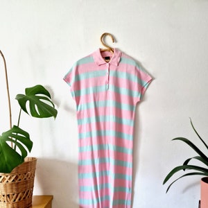 Vintage Pastel Pink Mint Striped Dress // 90s Collared Dress // Short Sleeve Buttoned Dress // M Medium // LH Tekstiili Oy Made in Finland