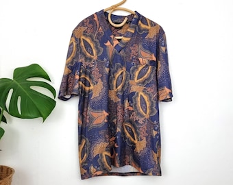 Camisa interior vintage de manga corta azul naranja para hombres // Camisa de pijama de cuello en V // Vinson // Ropa de salón de los años 70 // M Medium