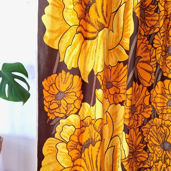 Vintage Brown Orange Yellow Floral Single Curtain // Flower Print Cotton Curtain // 60s 70s Retro Scandinavian Cotton Panel // Retro Home