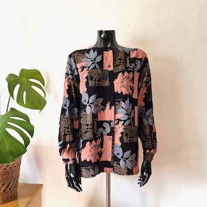 Vintage Women's Black Pastel Floral Blouse // Buttoned Long Sleeve Shirt // 90s Finnish Clothing // Teeset Oy Turku Finland //  40 L Large