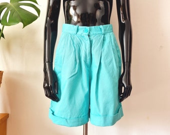 Vintage Women's Turquoise High Waist Shorts // Wide Leg Bermuda Shorts // Retro Pants // S Small W27 // 80s 90s