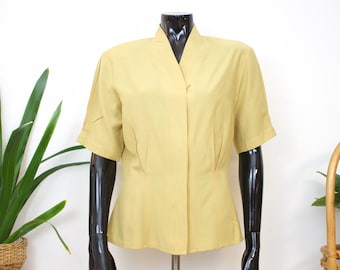 Vintage Women's Yellow Blouse // Short Sleeve Shirt // Button Up Shirt // 80s 90s Clothing // M Medium // P.T.A