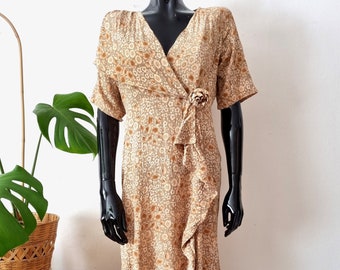 Vintage Beige Brown Floral Midi Dress // Short Sleeve Rayon Dress // 90s Dress // M L Dress // 90s Clothing // Jessica Jonathan