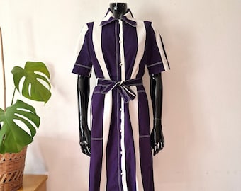 Vintage Blue White Striped Midi Dress // Retro Cotton Dress // Short Sleeve Collared 60s 70s Dress // Vanessa Rissanen Made in Finland // M