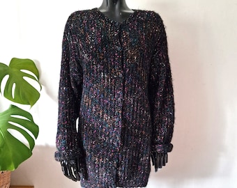 Vintage Damen Cardigan Schwarz Bunt mit Knöpfen // Retro Pullover aus Wolle Acryl mit Knöpfen // Made in Italy // S M // 90s Kleidung