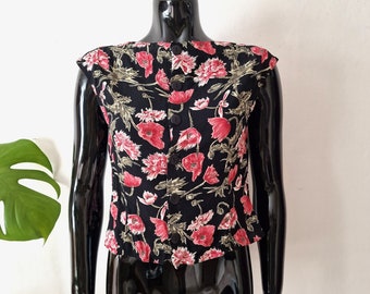Vintage Women's Black Floral Short Top // Sleeveless Button Up Shirt // Flower Print Top // Retro Shirt // XS Extra Small // 90s Clothing