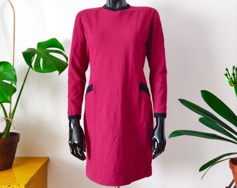Vintage Red Violet Dress // Purple Long Sleeve Dress // M Medium // Retro Cotton Elastane Dress // 80s Clothing // Nanso Made in Finland