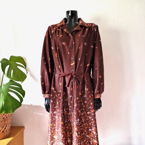 Vintage Women&#39;s Brown Orange Dress // Retro Dress // 70s Dress // L Large // Annika Of Botnia Made in Finland // 70s Finnish Clothing