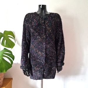 Vintage Women&#39;s Black Multicolored Buttoned Cardigan // Retro Buttoned Wool Acrylic Sweater // Made in Italy // S M // 90s Clothing