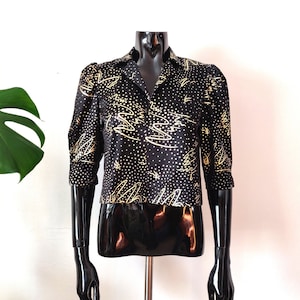 Vintage Women&#39;s Black Gold Short Blazer // Lightweight Golden Sparkly Half Sleeve Blouse // Collared Blazer // S Small // 80s Clothing