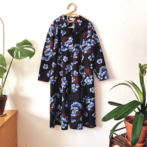 Vintage Black Blue Brown Floral Midi Dress // Collared Long Sleeve Buttoned Dress // Barbarella Finland // Finnish 70s Clothing // 44 L XL