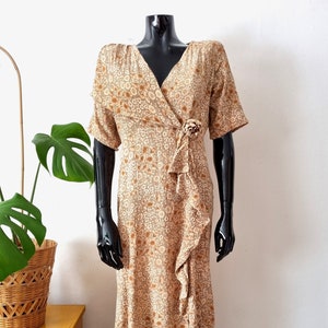 Vintage Beige Brown Floral Midi Dress // Short Sleeve Rayon Dress // 90s Dress // M L Dress // 90s Clothing // Jessica Jonathan