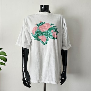 Vintage Women&#39;s White Floral T-Shirt // Retro Cotton T-Shirt // L XL // 90s Clothing