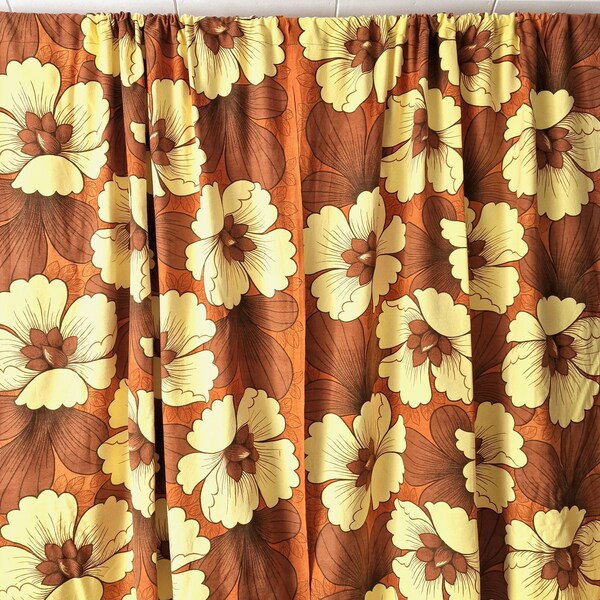 Vintage Set of 2 Brown Yellow Floral Retro Curtains // Flower Print Curtains // Retro Panels // 60s 70s Scandinavian Curtains