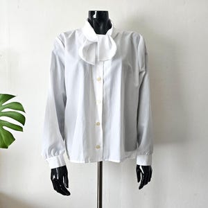 Vintage Women&#39;s White Tie Neck Collar Blouse // Retro Secretary Blouse // Swedish Button Up Shirt // 42 L Large // Konfektions AB Åshild