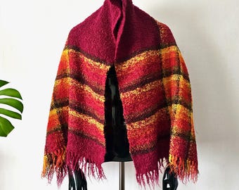 Vintage Red Yellow Orange Wool Shawl // Scarf Fringes // Plaid Wool Shawl