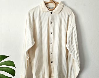 Vintage Men's Cream White Long Sleeve Collared Shirt // Relaxed Button Up Shirt // 90s Cotton Shirt // M L