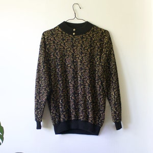 Vintage Women&#39;s Floral Black Golden Mock Neck Sweater // Acrylic Jumper // Shimmering Pullover // Medium // 80s 90s  // Made in Italy