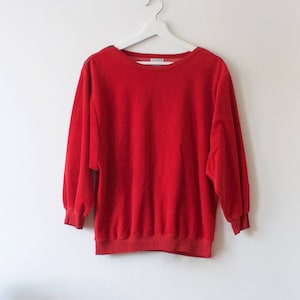 Vintage Women&#39;s Velour Red Sweatshirt // Long Sleeved Shirt // 80s Medium Pullover // 36 10 6 // Finnwear Suomen Trikoo // Made in Finland
