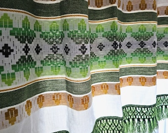 Vintage 70s White Green Curtain Valance with Fringe // Retro Small Window Treatment // Mid-Century Modern Scandinavian Cafe Curtain